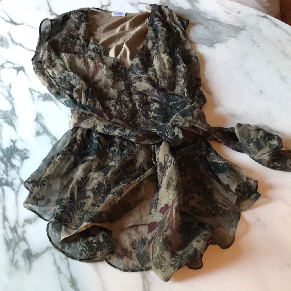 Brunello Cucinelli blouse x-bodice, tie waist, sheer blouse with snap-in liner